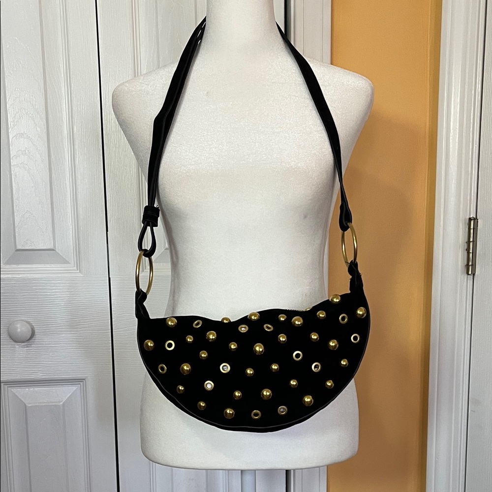 Chic Black Crossbody/Shoulder Bag with Gold Studs - Picture 2 of 9